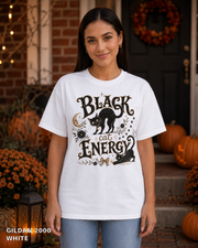 Black Cat Energy Vintage Halloween T-Shirt — Gildan 2000 White — female model