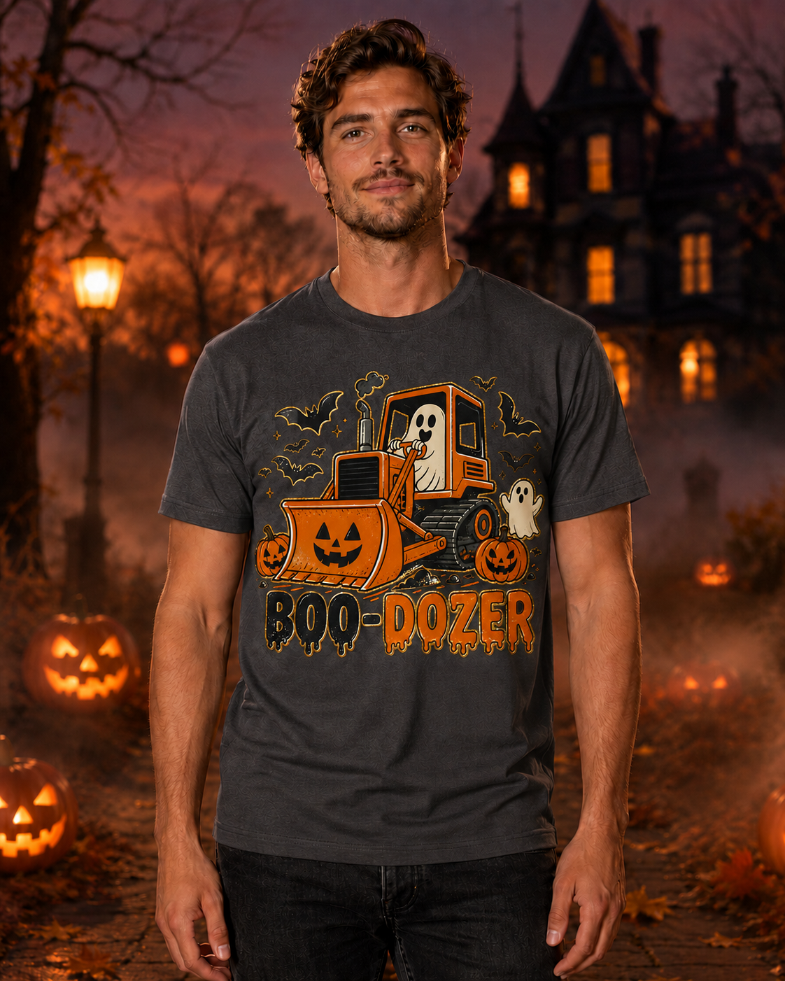 Model wearing a Charcoal Boo-Dozer ghost bulldozer Halloween T-shirt