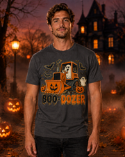 Model wearing a Charcoal Boo-Dozer ghost bulldozer Halloween T-shirt