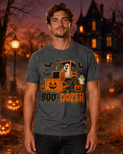 Model wearing a Graphite Boo-Dozer ghost bulldozer Halloween T-shirt