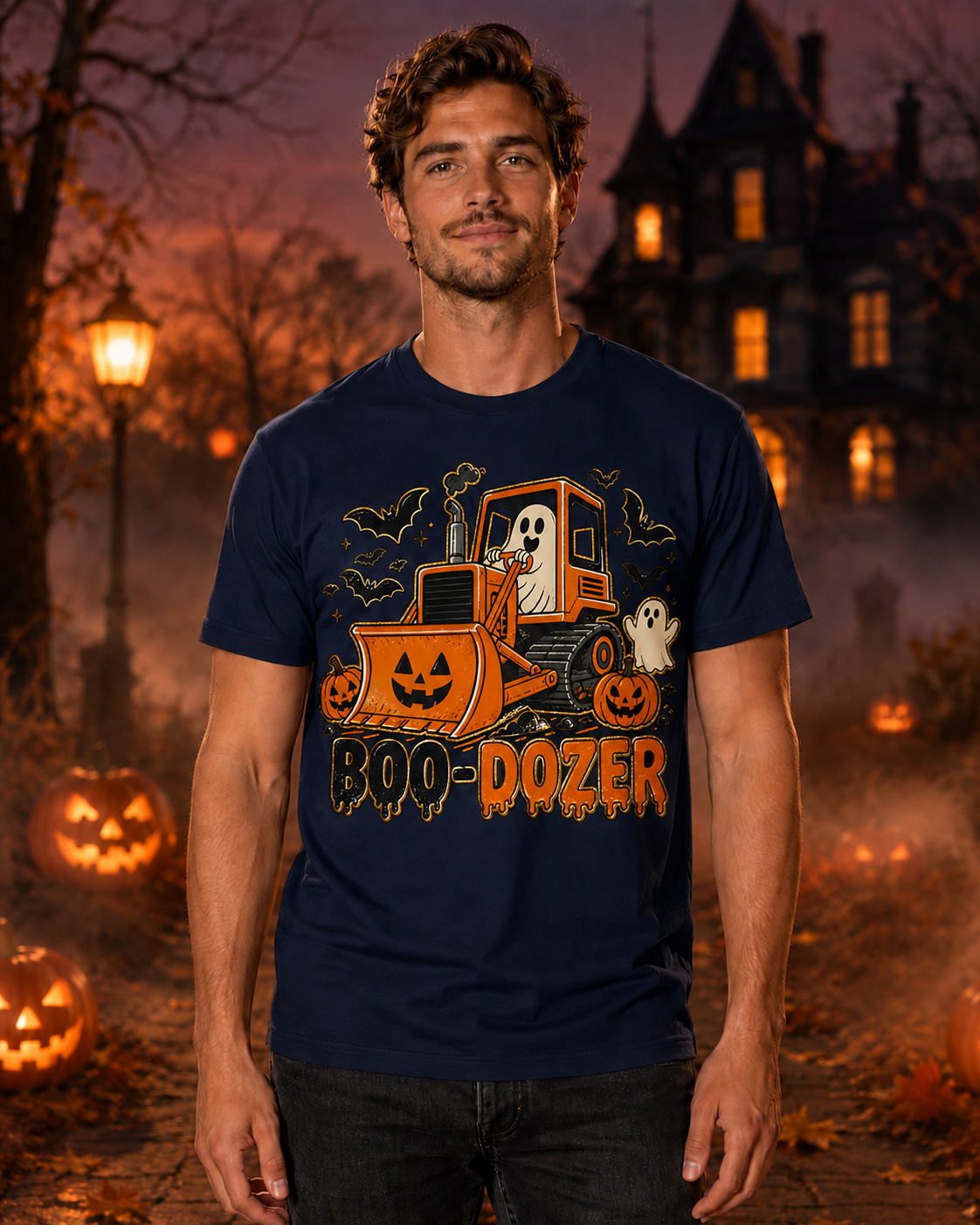 Model wearing a Navy Boo-Dozer ghost bulldozer Halloween T-shirt