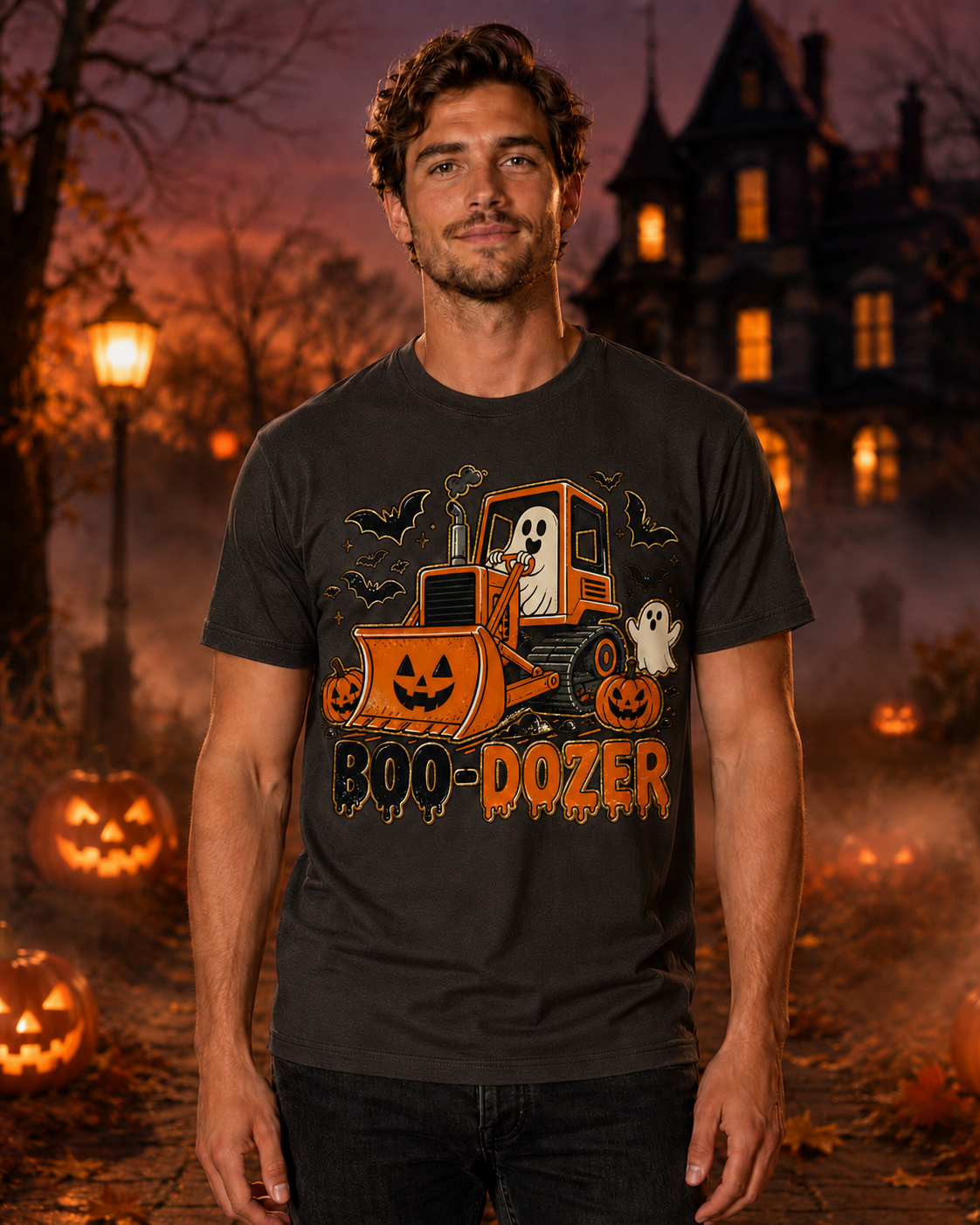 Model wearing a Pepper Boo-Dozer ghost bulldozer Halloween T-shirt