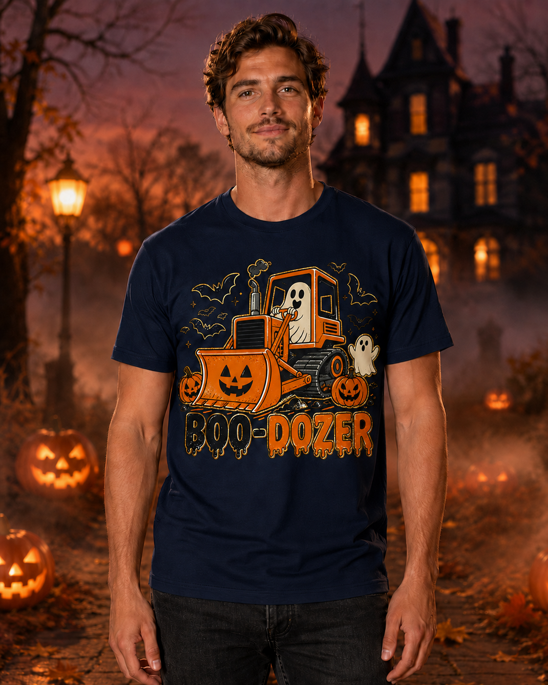 Model wearing a True Navy Boo-Dozer ghost bulldozer Halloween T-shirt