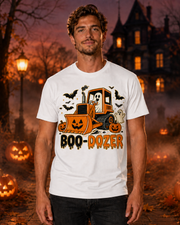 Model wearing a White Boo-Dozer ghost bulldozer Halloween T-shirt