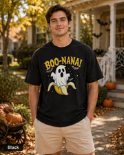 Man wearing a Black BOO-NANA ghost banana Halloween T-shirt