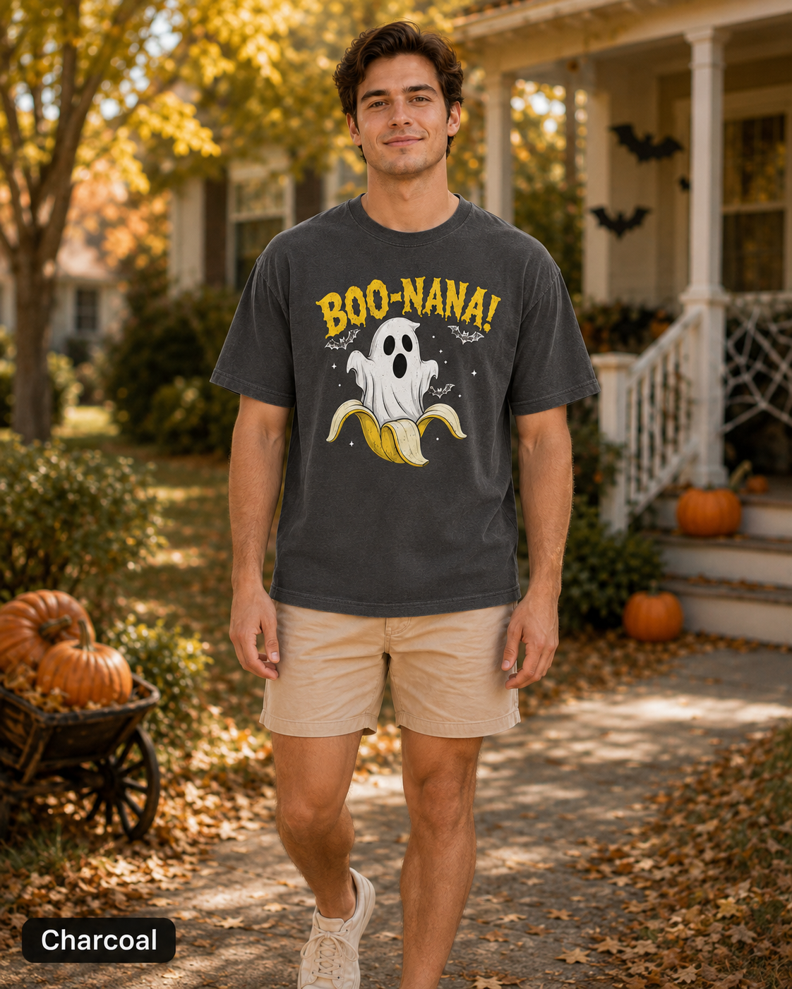 Man wearing a Charcoal BOO-NANA ghost banana Halloween T-shirt