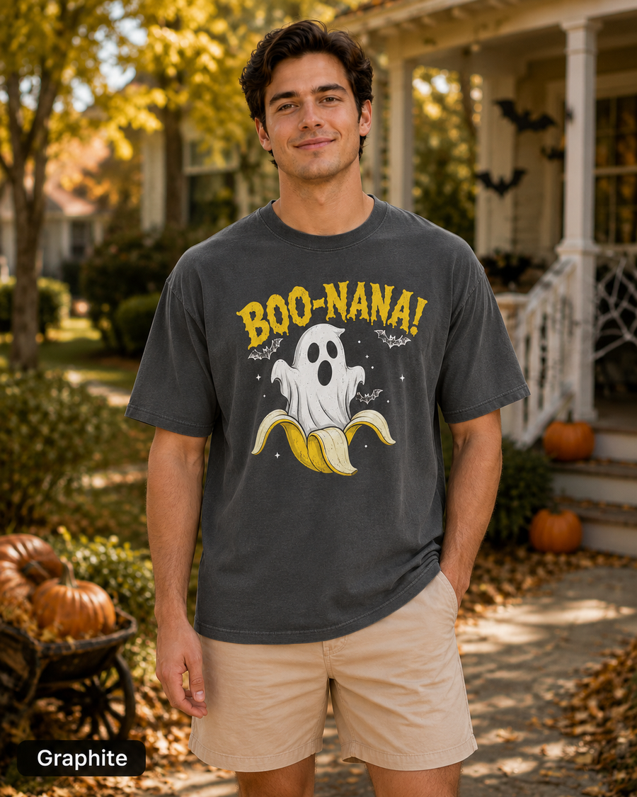 Man wearing a Graphite BOO-NANA ghost banana Halloween T-shirt