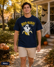 Man wearing a Navy BOO-NANA ghost banana Halloween T-shirt