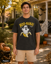 Man wearing a Pepper BOO-NANA ghost banana Halloween T-shirt