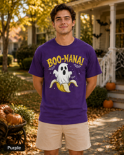 Man wearing a Purple BOO-NANA ghost banana Halloween T-shirt