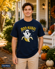 Man wearing a True Navy BOO-NANA ghost banana Halloween T-shirt