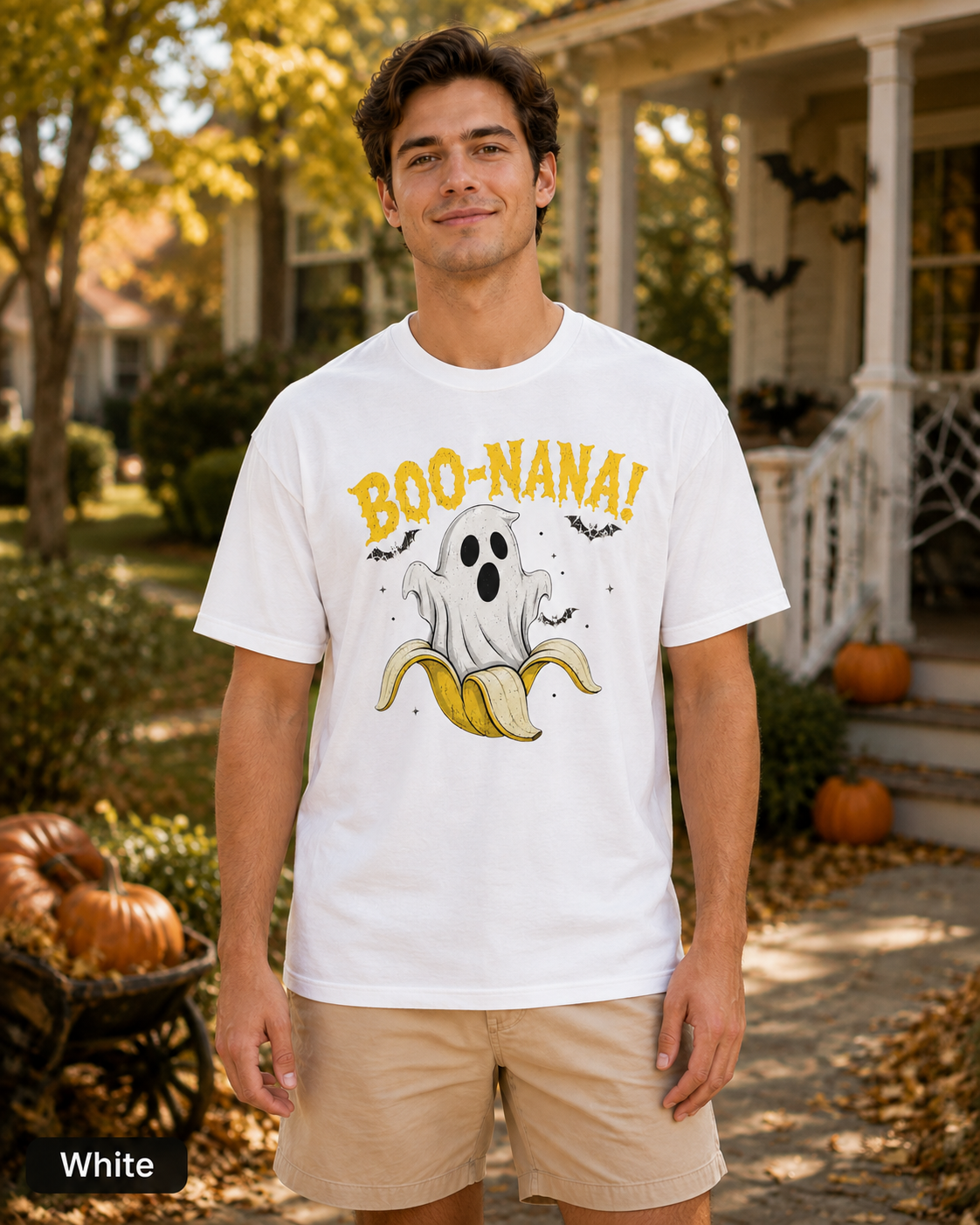 Man wearing a White BOO-NANA ghost banana Halloween T-shirt