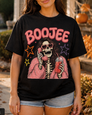 Woman wearing a Black BOOJEE skeleton Halloween T-shirt
