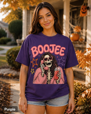 Woman wearing a Purple BOOJEE skeleton Halloween T-shirt