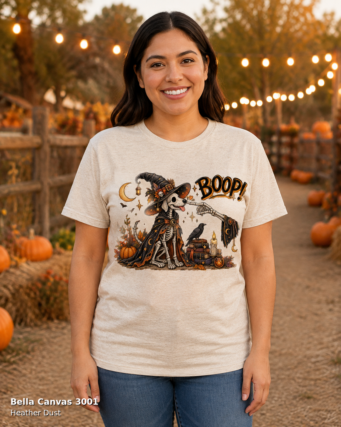 Boop Skeleton Witch Dog Vintage Halloween T-Shirt — Bella Canvas 3001 Heather Dust — female model