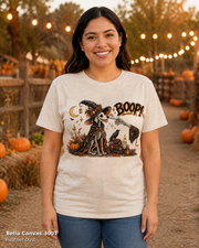 Boop Skeleton Witch Dog Vintage Halloween T-Shirt — Bella Canvas 3001 Heather Dust — female model