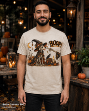 Boop Skeleton Witch Dog Vintage Halloween T-Shirt — Bella Canvas 3001 Heather Dust — male model