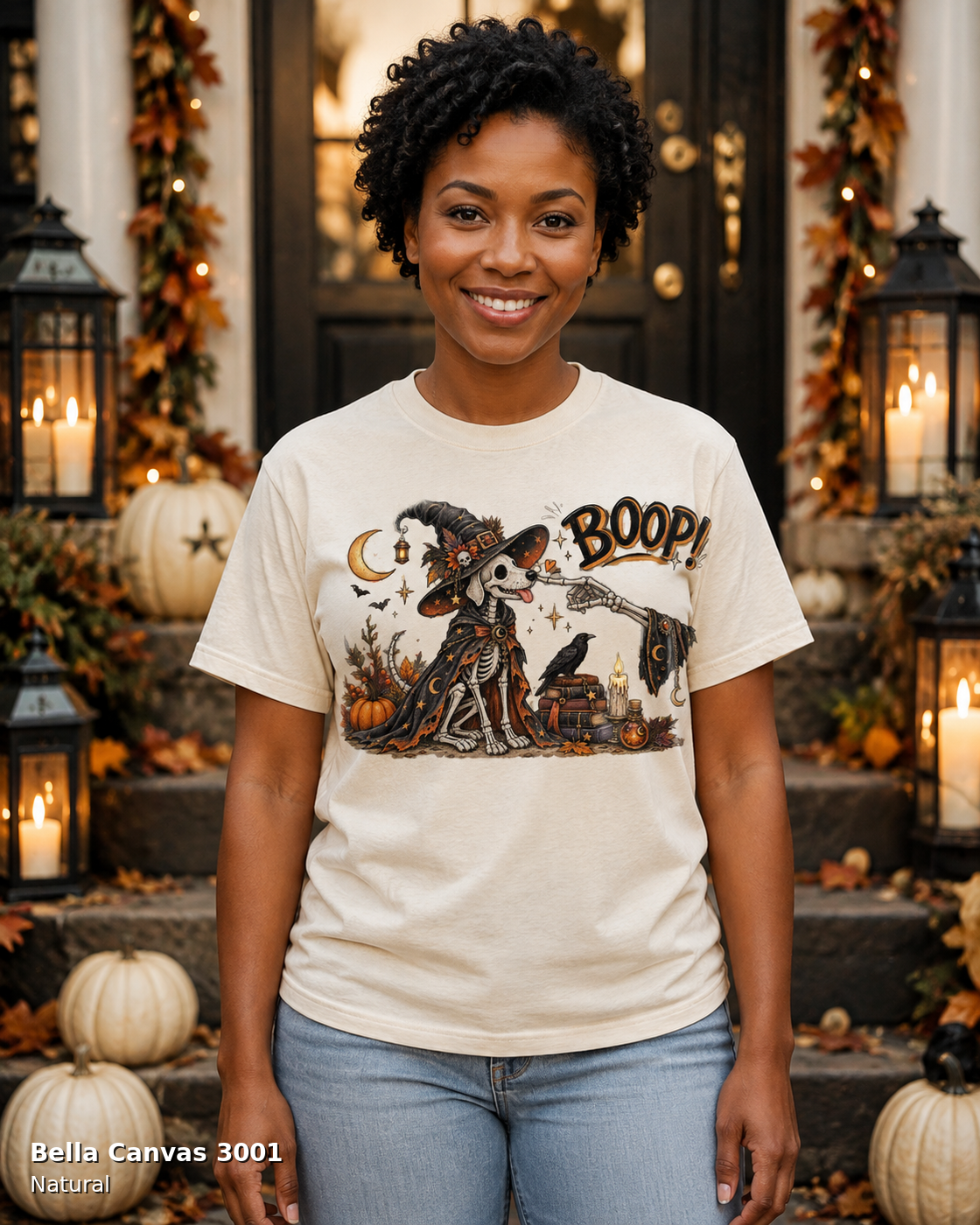 Boop Skeleton Witch Dog Vintage Halloween T-Shirt — Bella Canvas 3001 Natural — female model