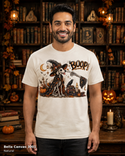 Boop Skeleton Witch Dog Vintage Halloween T-Shirt — Bella Canvas 3001 Natural — male model