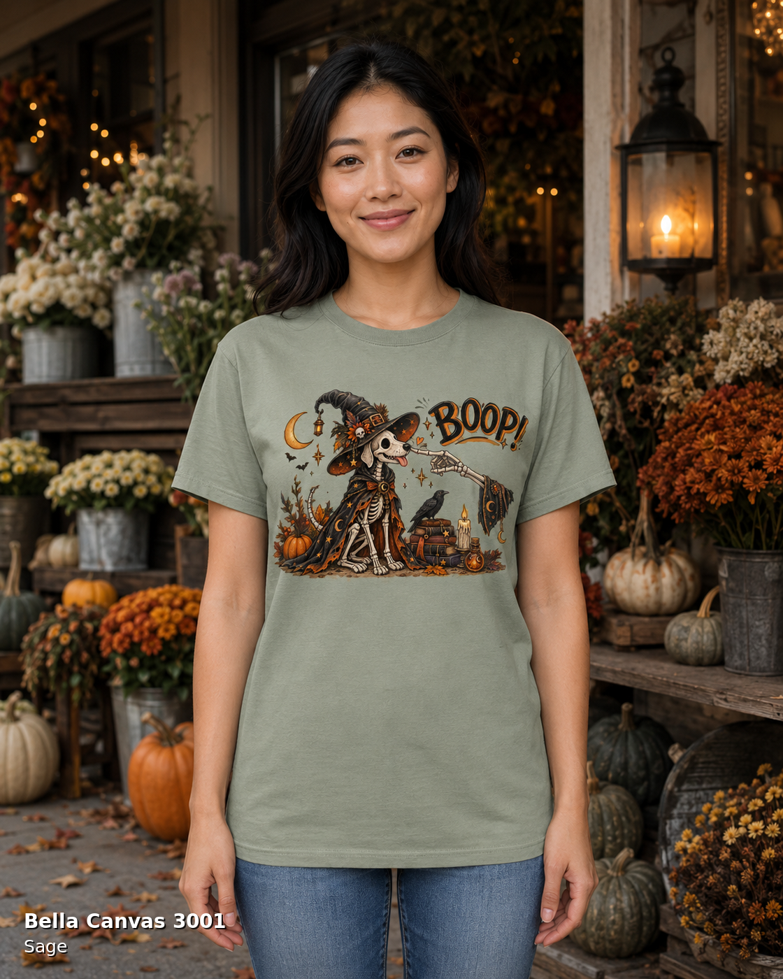 Boop Skeleton Witch Dog Vintage Halloween T-Shirt — Bella Canvas 3001 Sage — female model