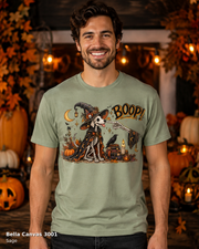 Boop Skeleton Witch Dog Vintage Halloween T-Shirt — Bella Canvas 3001 Sage — male model