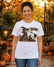 Boop Skeleton Witch Dog Vintage Halloween T-Shirt — Bella Canvas 3001 White — female model