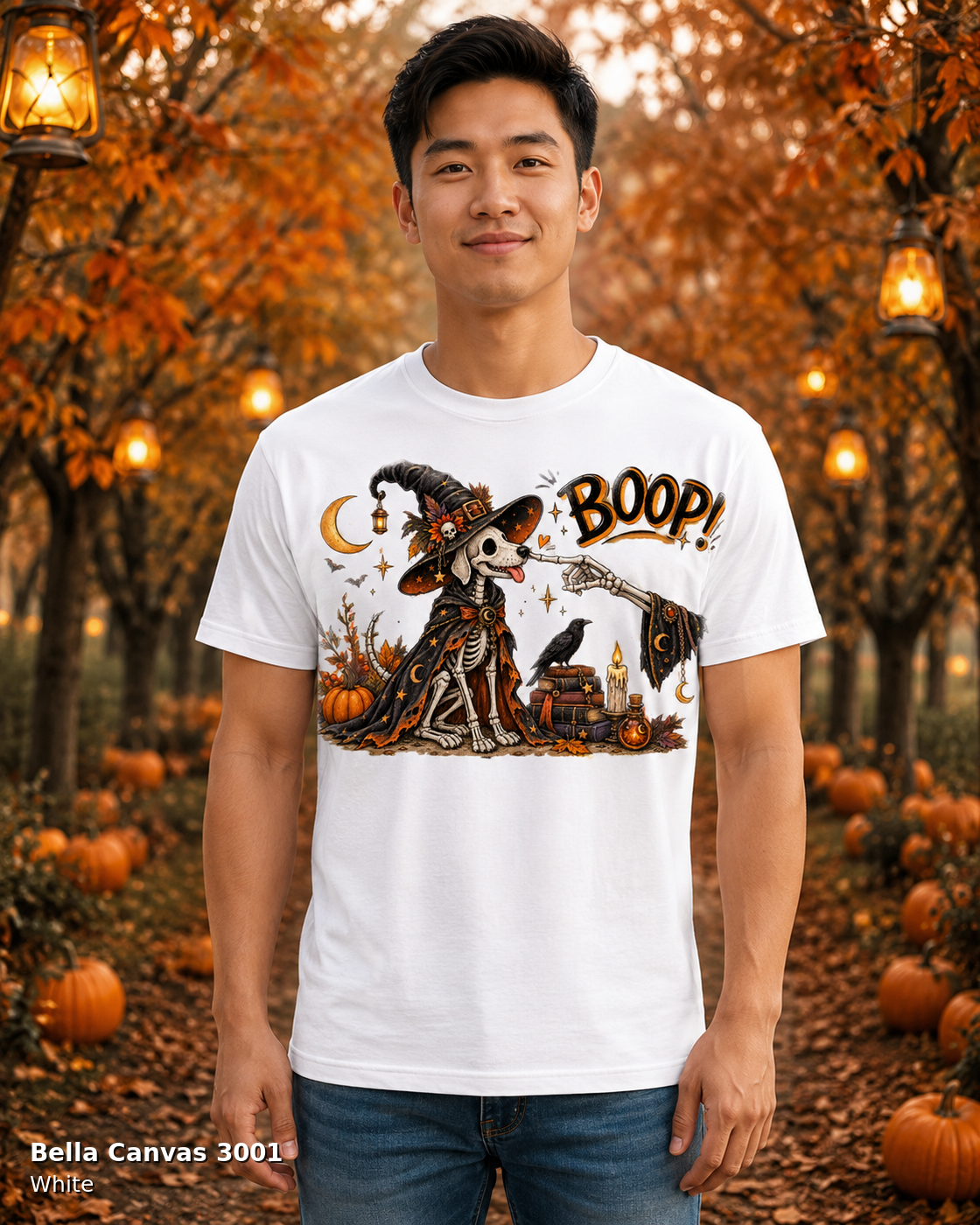 Boop Skeleton Witch Dog Vintage Halloween T-Shirt — Bella Canvas 3001 White — male model