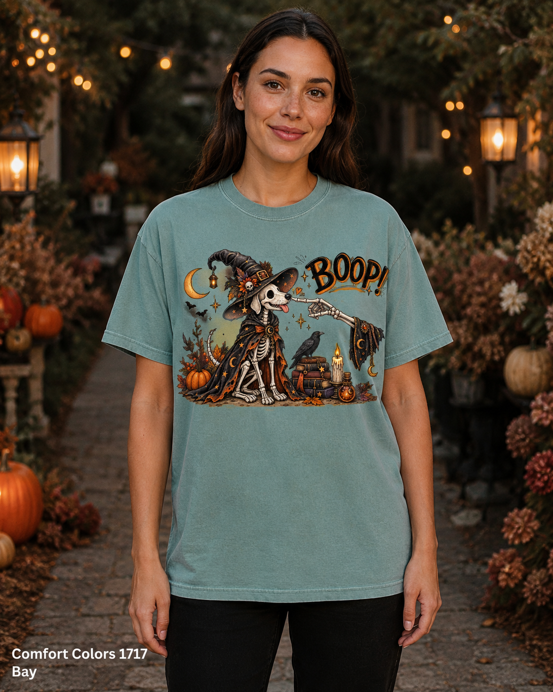 Boop Skeleton Witch Dog Vintage Halloween T-Shirt — Comfort Colors 1717 Bay — female model