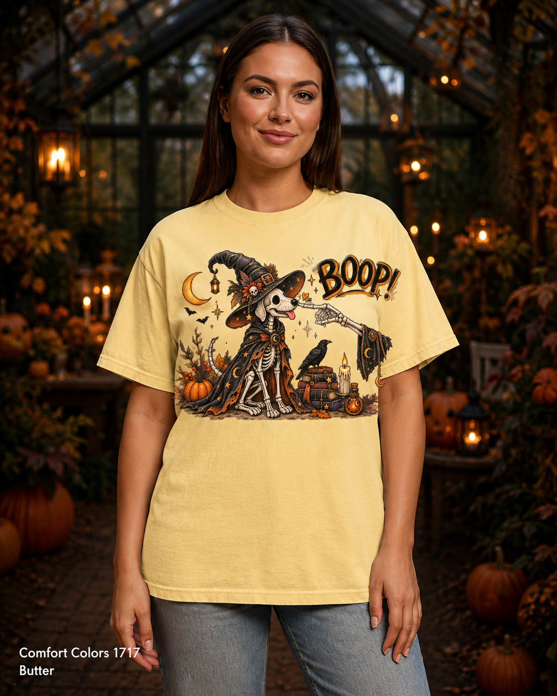 Boop Skeleton Witch Dog Vintage Halloween T-Shirt — Comfort Colors 1717 Butter — female model