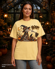 Boop Skeleton Witch Dog Vintage Halloween T-Shirt — Comfort Colors 1717 Butter — female model