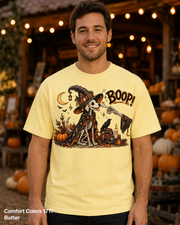 Boop Skeleton Witch Dog Vintage Halloween T-Shirt — Comfort Colors 1717 Butter — male model