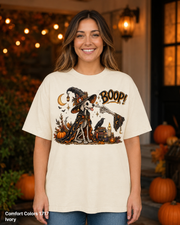 Boop Skeleton Witch Dog Vintage Halloween T-Shirt — Comfort Colors 1717 Ivory — female model