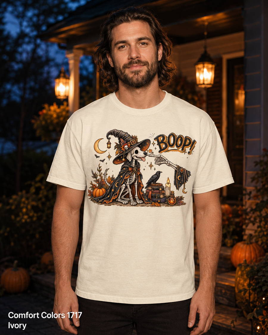Boop Skeleton Witch Dog Vintage Halloween T-Shirt — Comfort Colors 1717 Ivory — male model