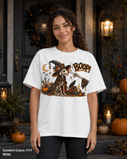 Boop Skeleton Witch Dog Vintage Halloween T-Shirt — Comfort Colors 1717 White — female model
