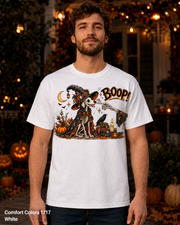 Boop Skeleton Witch Dog Vintage Halloween T-Shirt — Comfort Colors 1717 White — male model