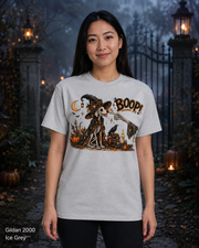 Boop Skeleton Witch Dog Vintage Halloween T-Shirt — Gildan 2000 Ice Grey — female model