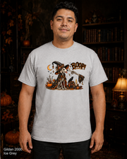 Boop Skeleton Witch Dog Vintage Halloween T-Shirt — Gildan 2000 Ice Grey — male model