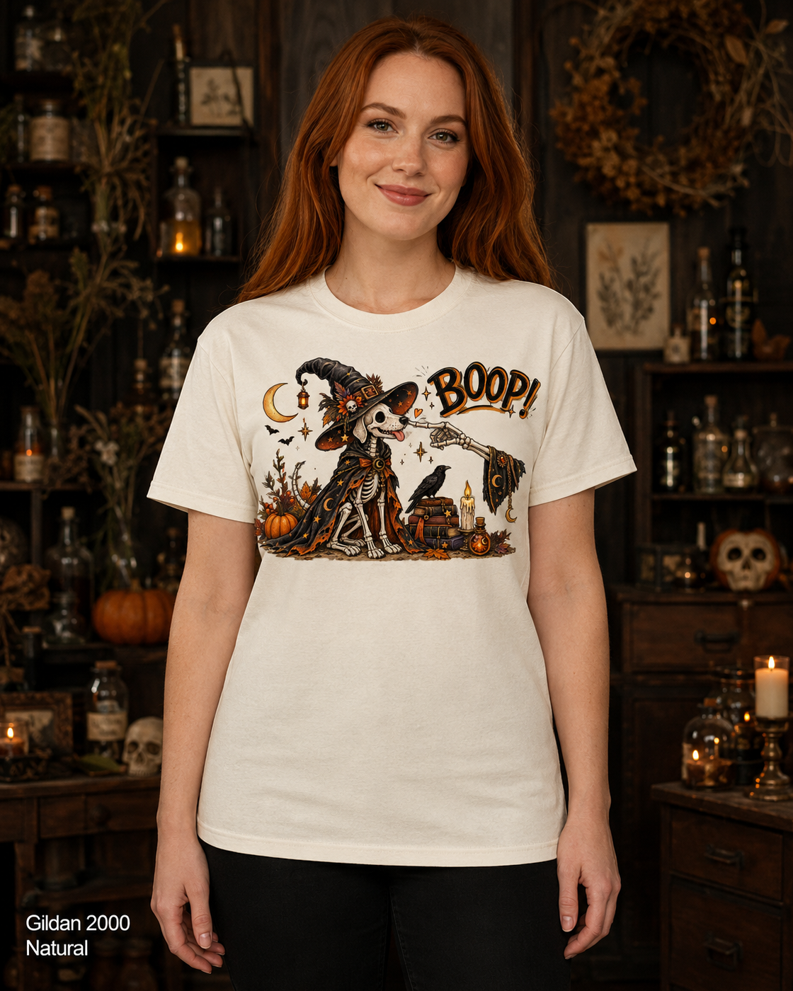 Boop Skeleton Witch Dog Vintage Halloween T-Shirt — Gildan 2000 Natural — female model