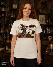 Boop Skeleton Witch Dog Vintage Halloween T-Shirt — Gildan 2000 Natural — female model