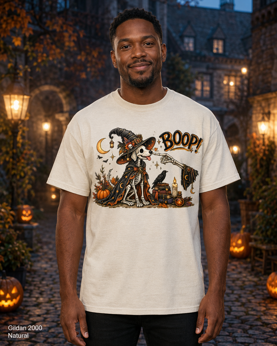 Boop Skeleton Witch Dog Vintage Halloween T-Shirt — Gildan 2000 Natural — male model