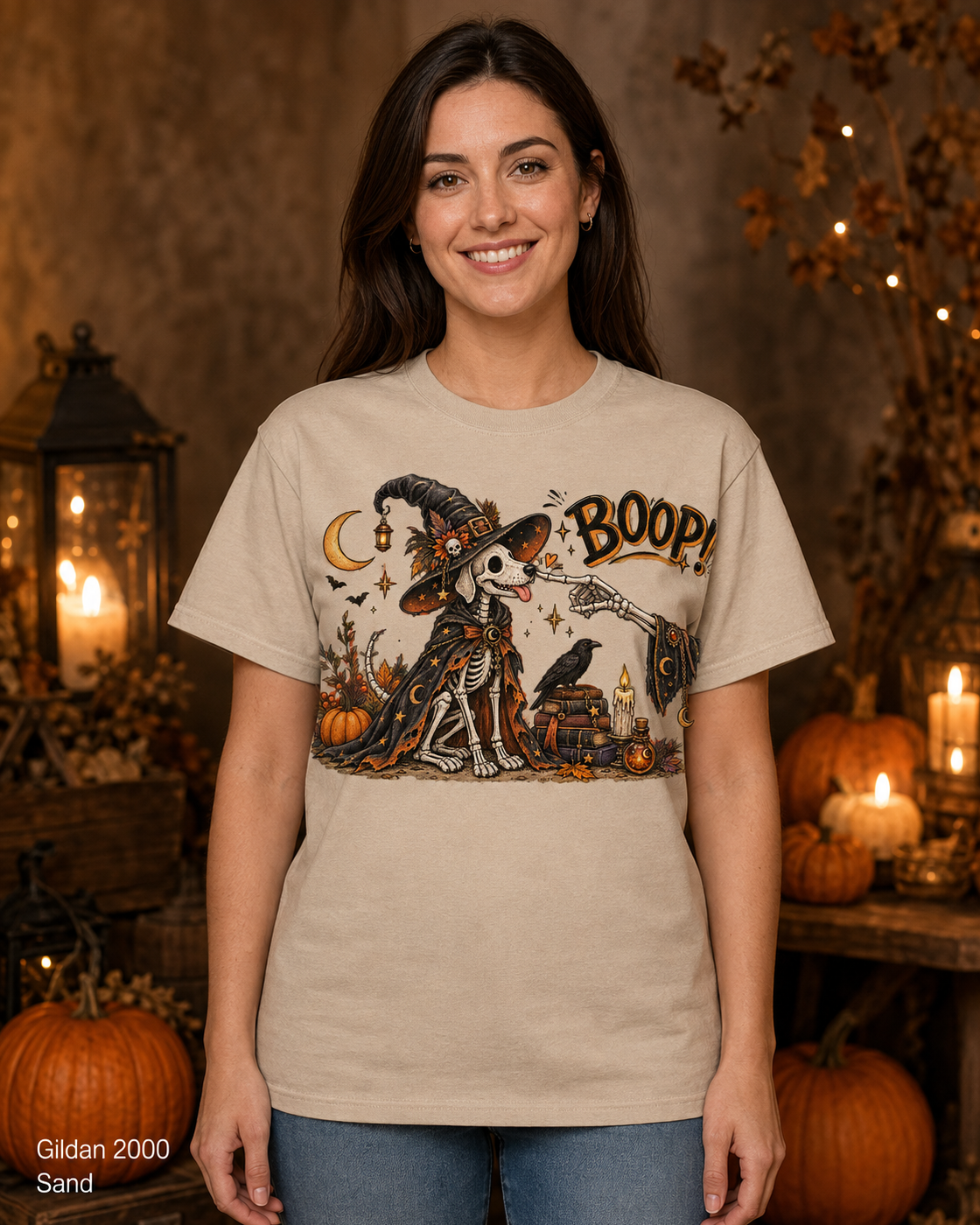 Boop Skeleton Witch Dog Vintage Halloween T-Shirt — Gildan 2000 Sand — female model