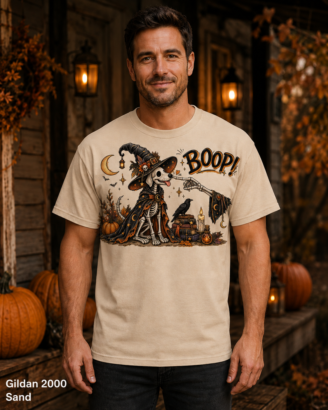 Boop Skeleton Witch Dog Vintage Halloween T-Shirt — Gildan 2000 Sand — male model
