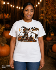 Boop Skeleton Witch Dog Vintage Halloween T-Shirt — Gildan 2000 White — female model