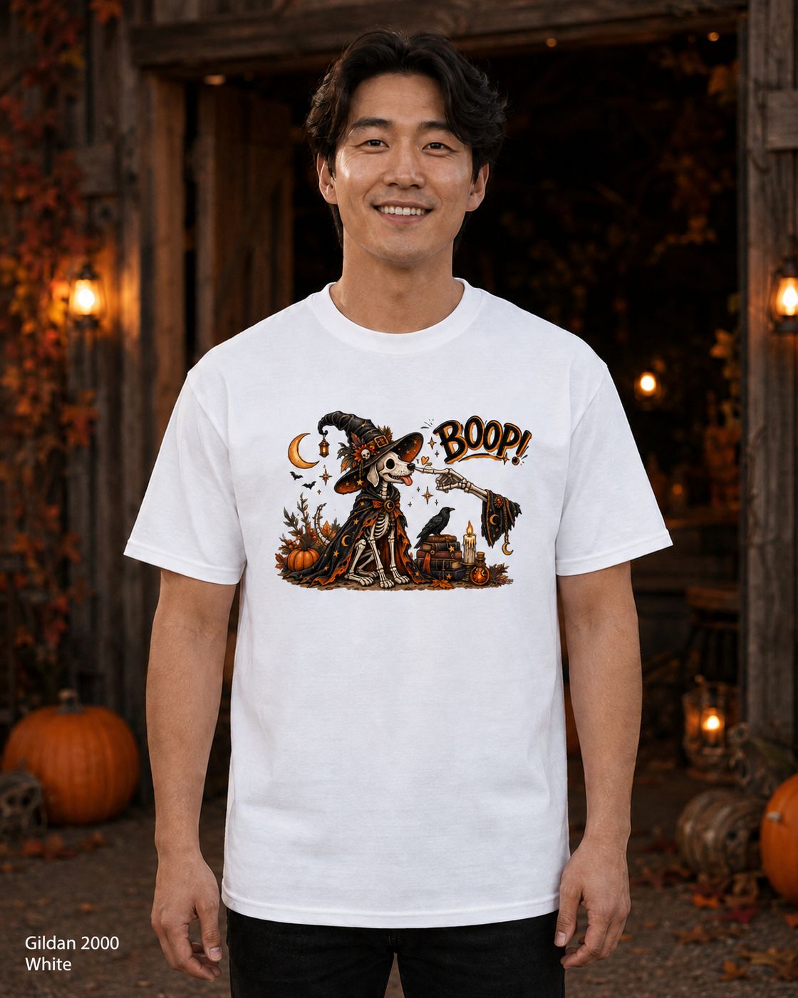 Boop Skeleton Witch Dog Vintage Halloween T-Shirt — Gildan 2000 White — male model