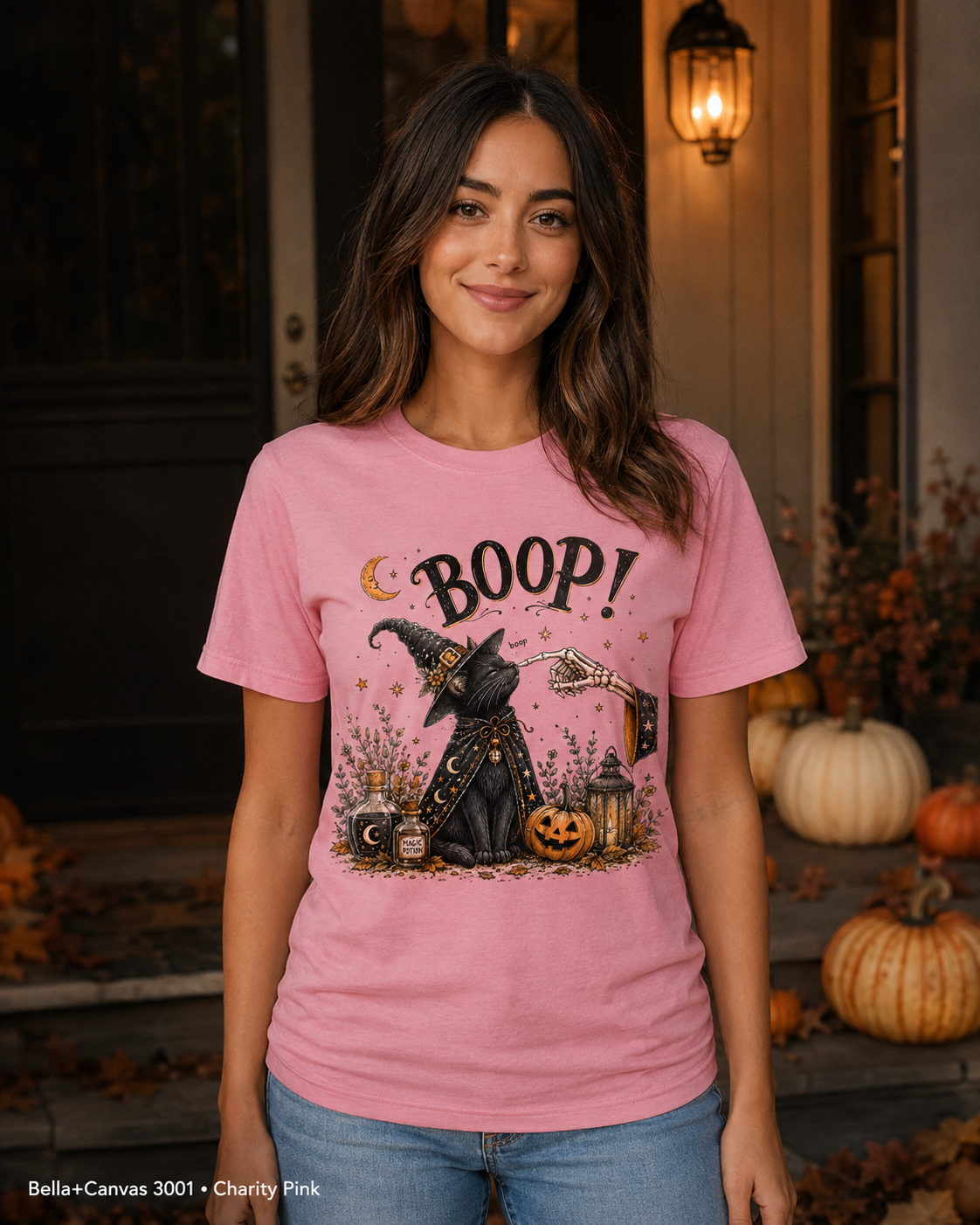 Boop Witch Cat Vintage Halloween T-Shirt — Bella+Canvas 3001 Charity Pink — female model