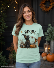 Boop Witch Cat Vintage Halloween T-Shirt — Bella+Canvas 3001 Mint — female model