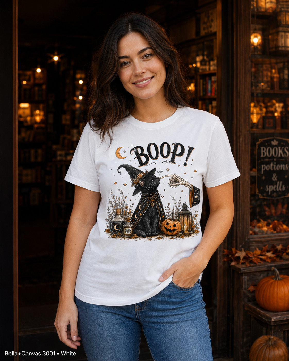 Boop Witch Cat Vintage Halloween T-Shirt — Bella+Canvas 3001 White — female model