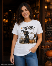 Boop Witch Cat Vintage Halloween T-Shirt — Bella+Canvas 3001 White — female model