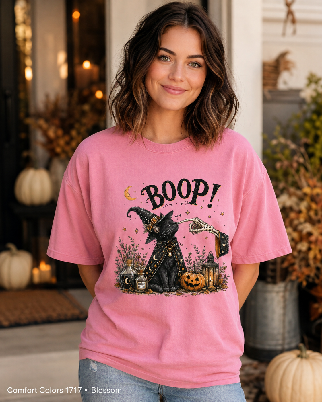 Boop Witch Cat Vintage Halloween T-Shirt — Comfort Colors 1717 Blossom — female model