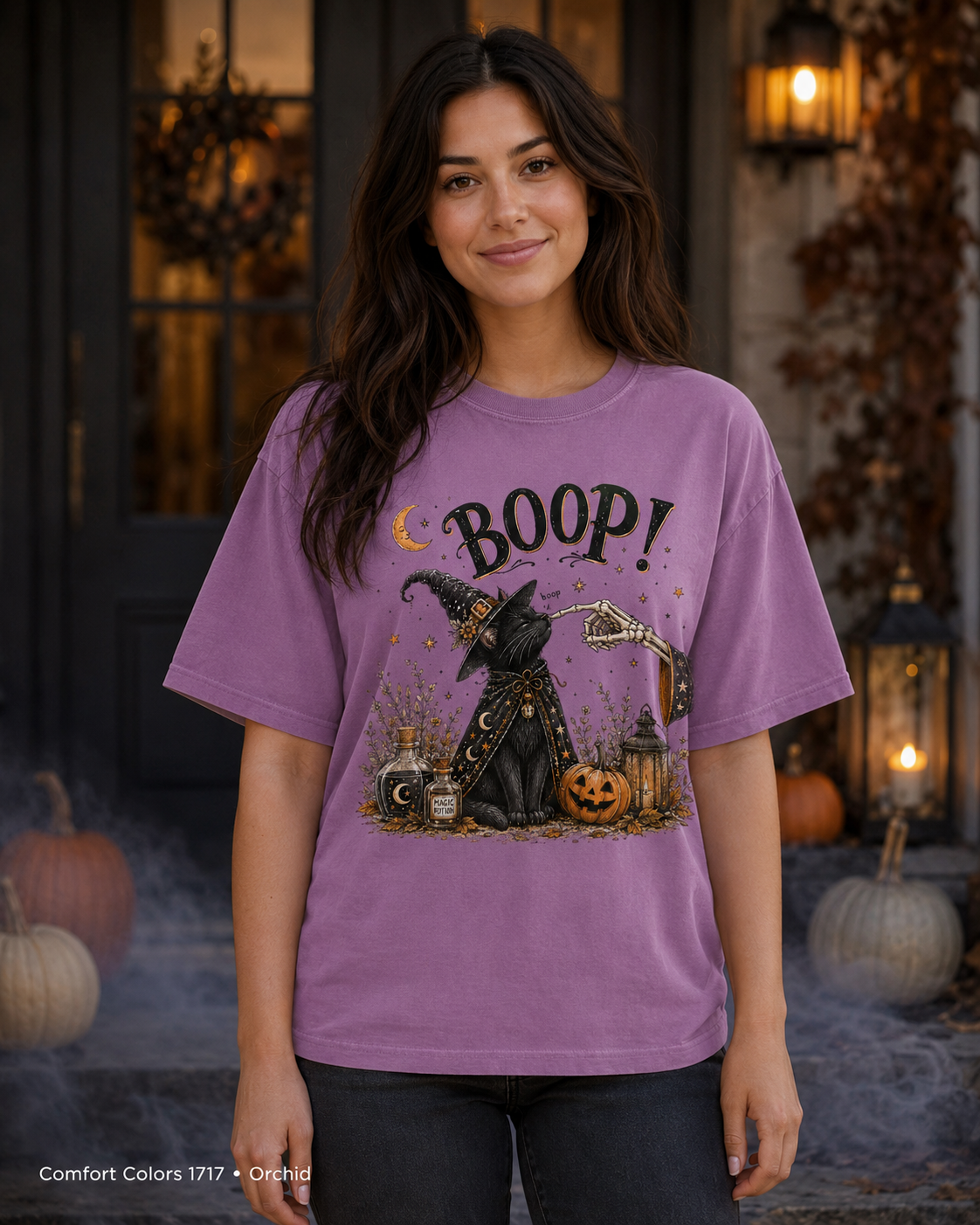 Boop Witch Cat Vintage Halloween T-Shirt — Comfort Colors 1717 Orchid — female model
